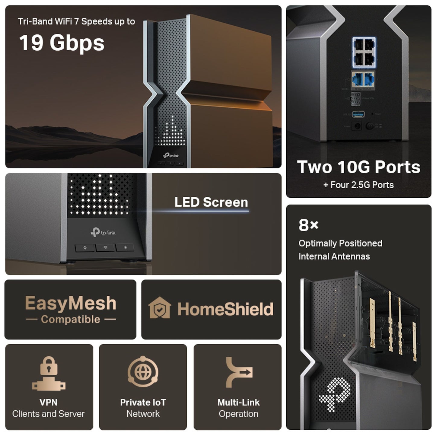 TP-Link Archer BE800 router Wifi 6 BE19000, tri-band, 19 Gbps, til 10G porte, 8 interne antenner, LED-skærm.