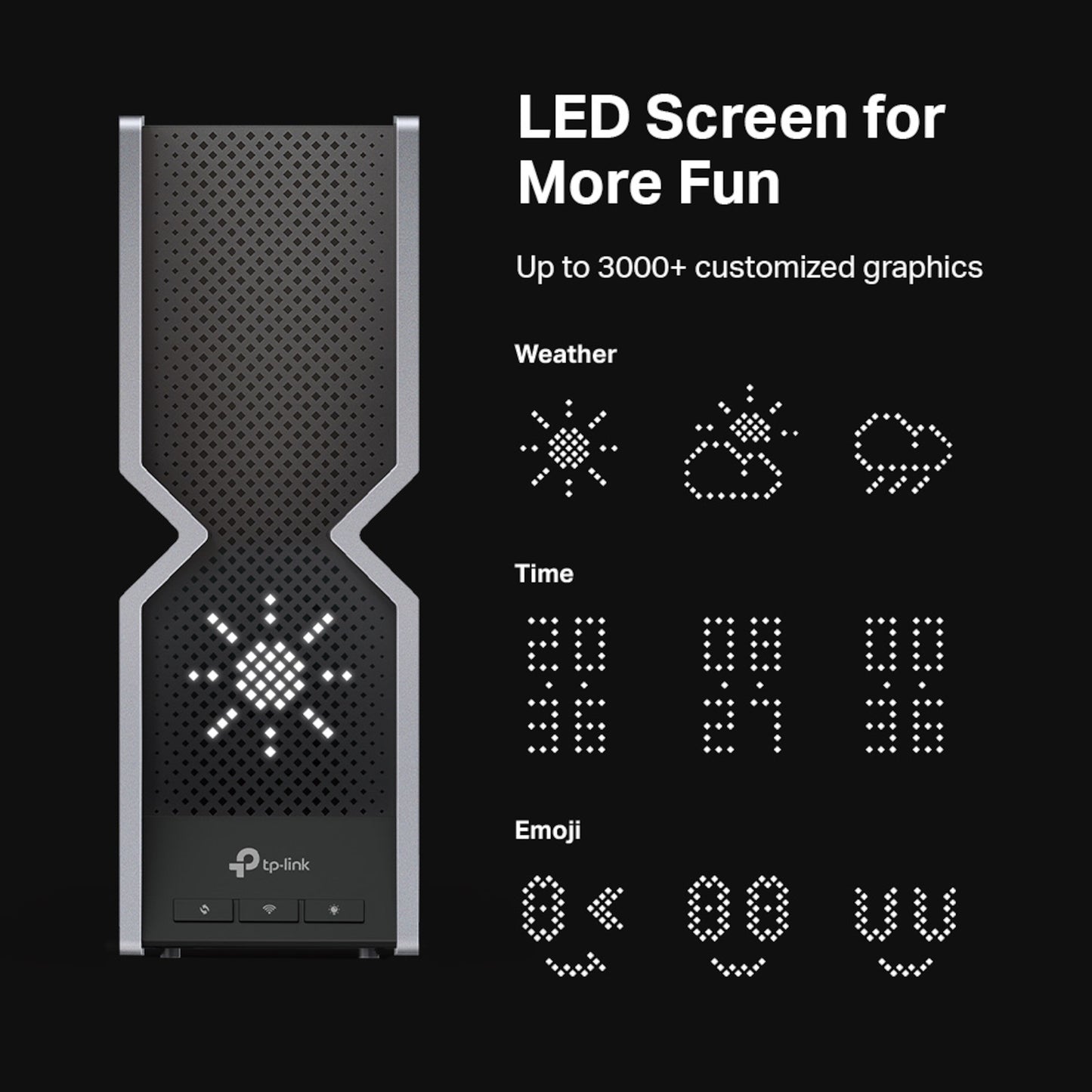 TP-Link Archer BE800 trådløs router Wifi 6 BE19000 tri-band med LED-skærm, viser vejr, tid og emoji-ikoner, sort.