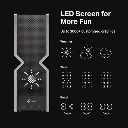 TP-Link Archer BE800 trådløs router Wifi 6 BE19000 tri-band med LED-skærm, viser vejr, tid og emoji-ikoner, sort.