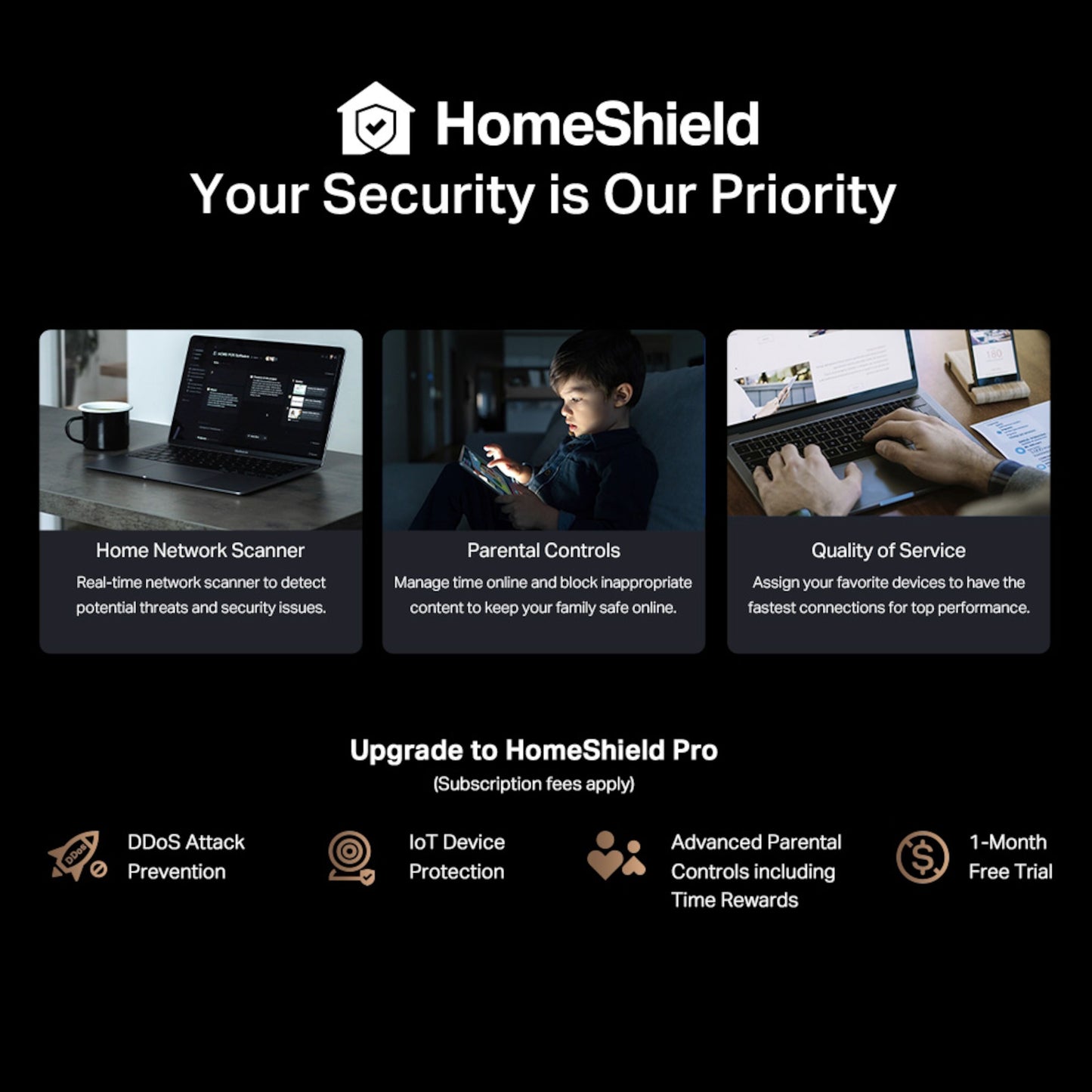 Tp-Link Archer BE800 trådløs router Wifi 6 BE19000 med HomeShield, netværksscanner, forældrekontrol og avancerede indstillinger.