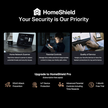 Tp-Link Archer BE800 trådløs router Wifi 6 BE19000 med HomeShield, netværksscanner, forældrekontrol og avancerede indstillinger.