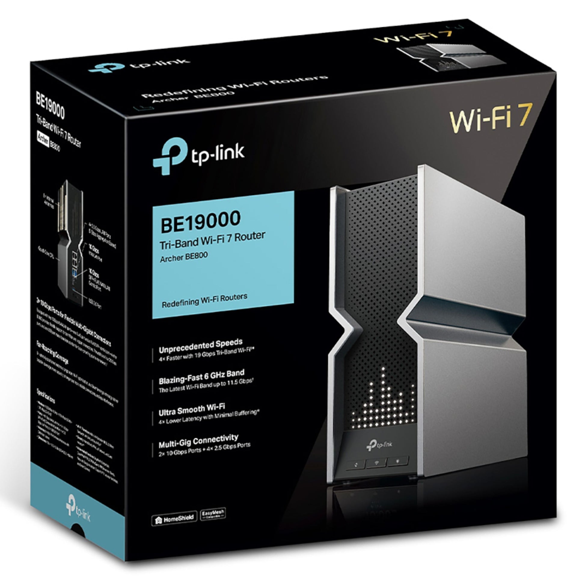 TP-Link Archer BE800 trådløs router Wifi 6 BE19000, sort med sølvdetaljer, 19 Gbps, multi-gig, billede af router på æske.