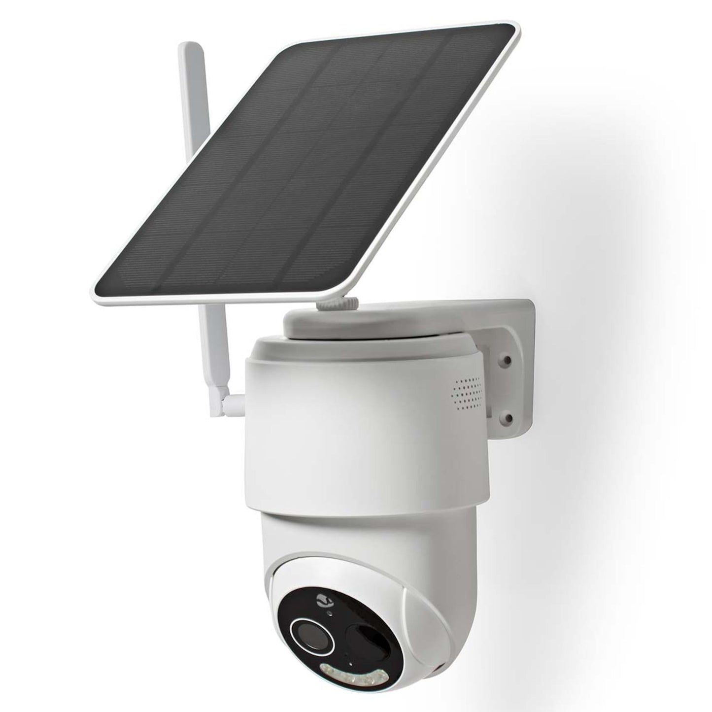 Nedis udendørskamera 4G med solceller, sort linse, vægmonteret, afrundet design, til overvågning uden Wi-Fi.