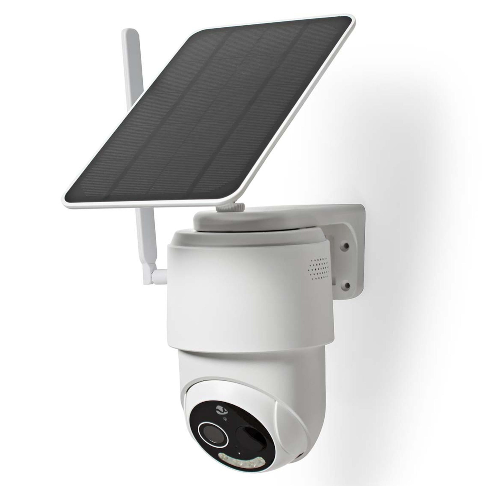 Nedis udendørskamera 4G med solceller, sort linse, vægmonteret, afrundet design, til overvågning uden Wi-Fi.