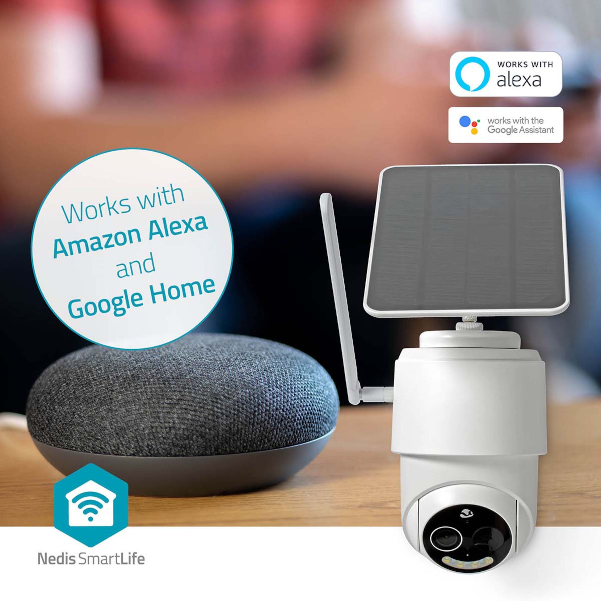 Nedis udendørskamera 4G solceller ved Google Home-højttaler, kompatibel med Amazon Alexa, Google Home, Nedis-logo.