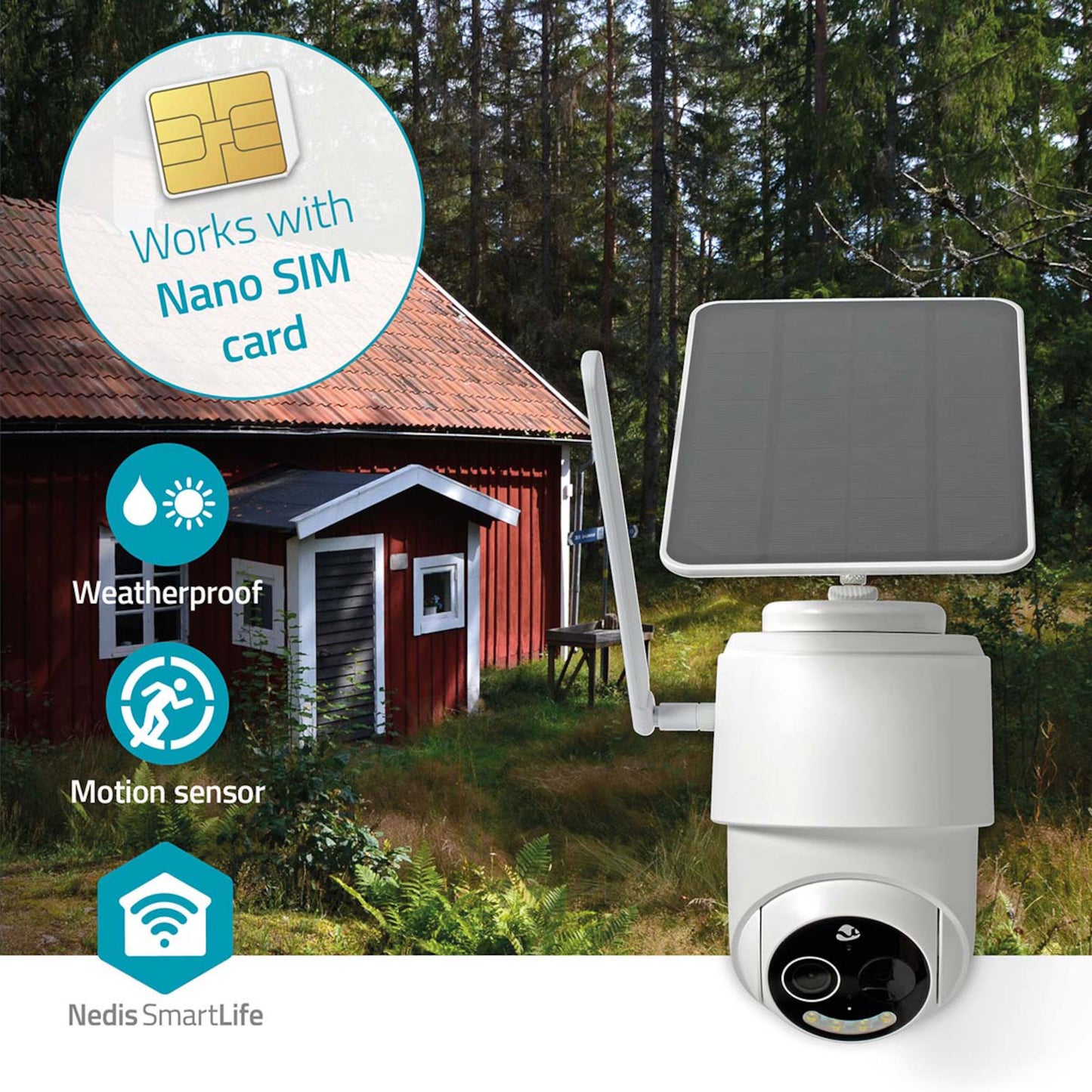 Nedis solcelledrevet udendørskamera 4G, vejrbestandig, bevægelsessensor, SmartLife og nano SIM-support.