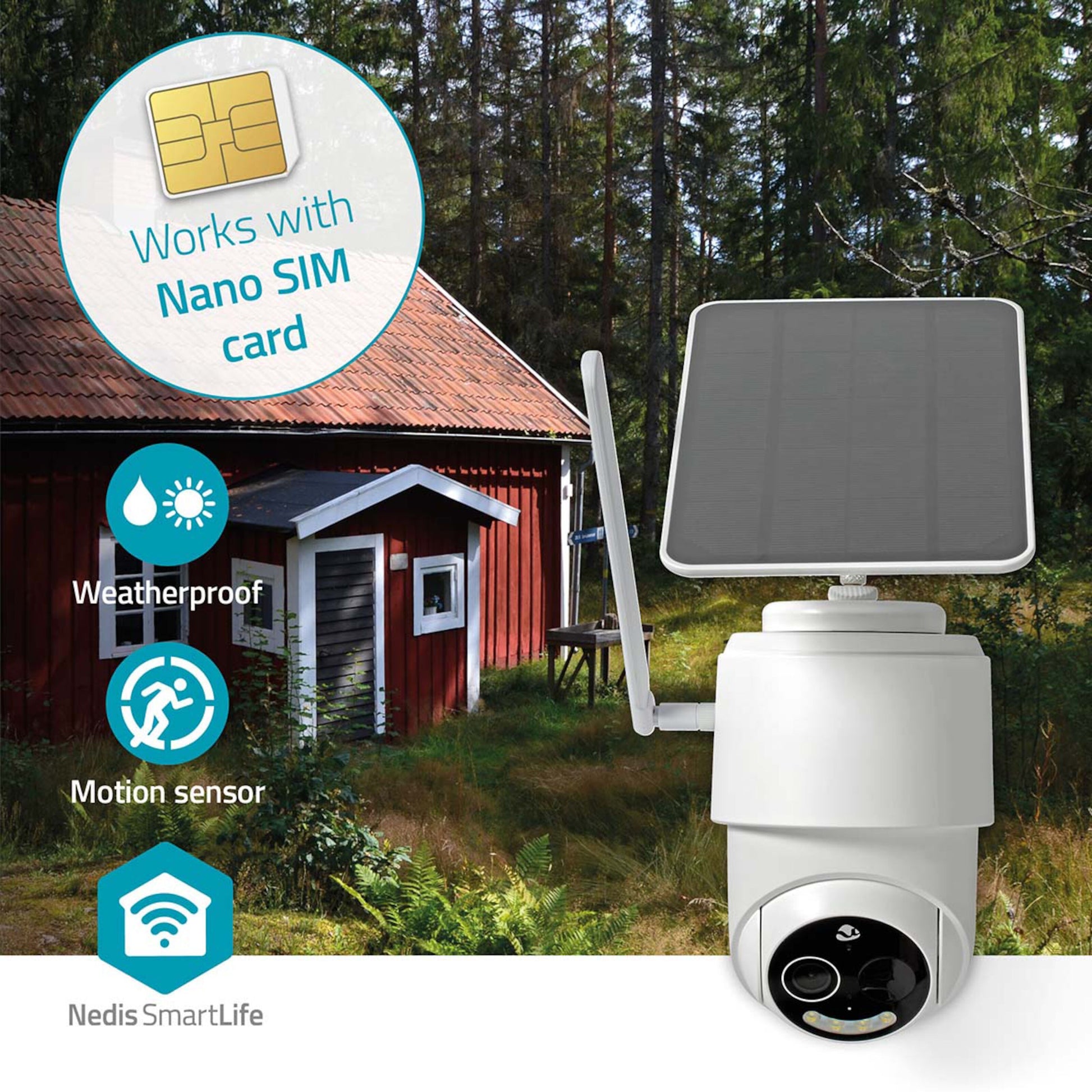 Nedis solcelledrevet udendørskamera 4G, vejrbestandig, bevægelsessensor, SmartLife og nano SIM-support.