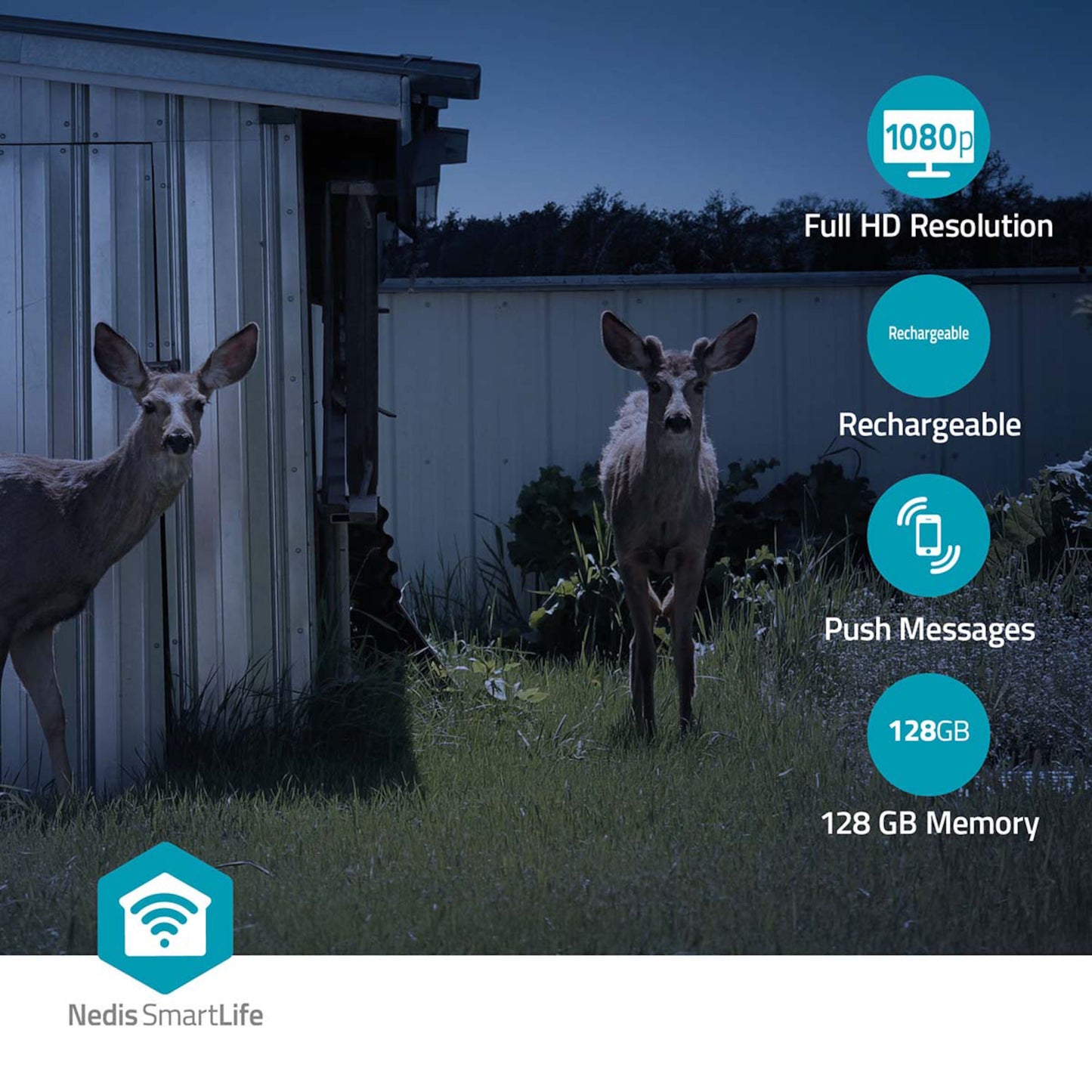 Nedis SmartLife udendørskamera 4G solcelle, natbillede, ikoner til 1080p Full HD, pushbeskeder, 128GB hukommelse.