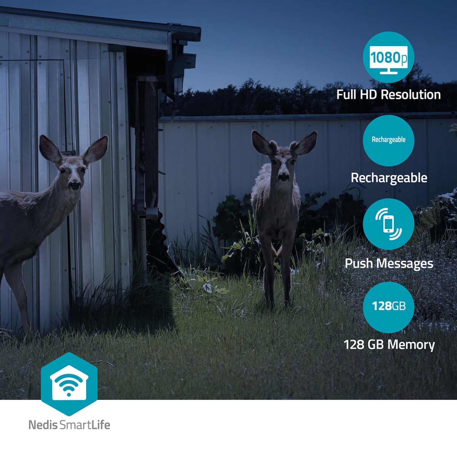 Nedis SmartLife udendørskamera 4G solcelle, natbillede, ikoner til 1080p Full HD, pushbeskeder, 128GB hukommelse.