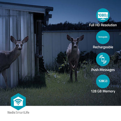 Nedis SmartLife udendørskamera 4G solcelle, natbillede, ikoner til 1080p Full HD, pushbeskeder, 128GB hukommelse.