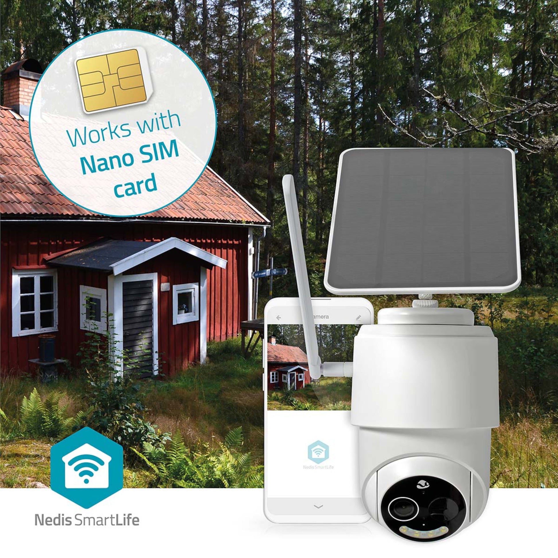 Nedis 4G udendørskamera med solceller og Nano SIM, vises foran rød træhytte, livebillede på smartphone med SmartLife-logo.