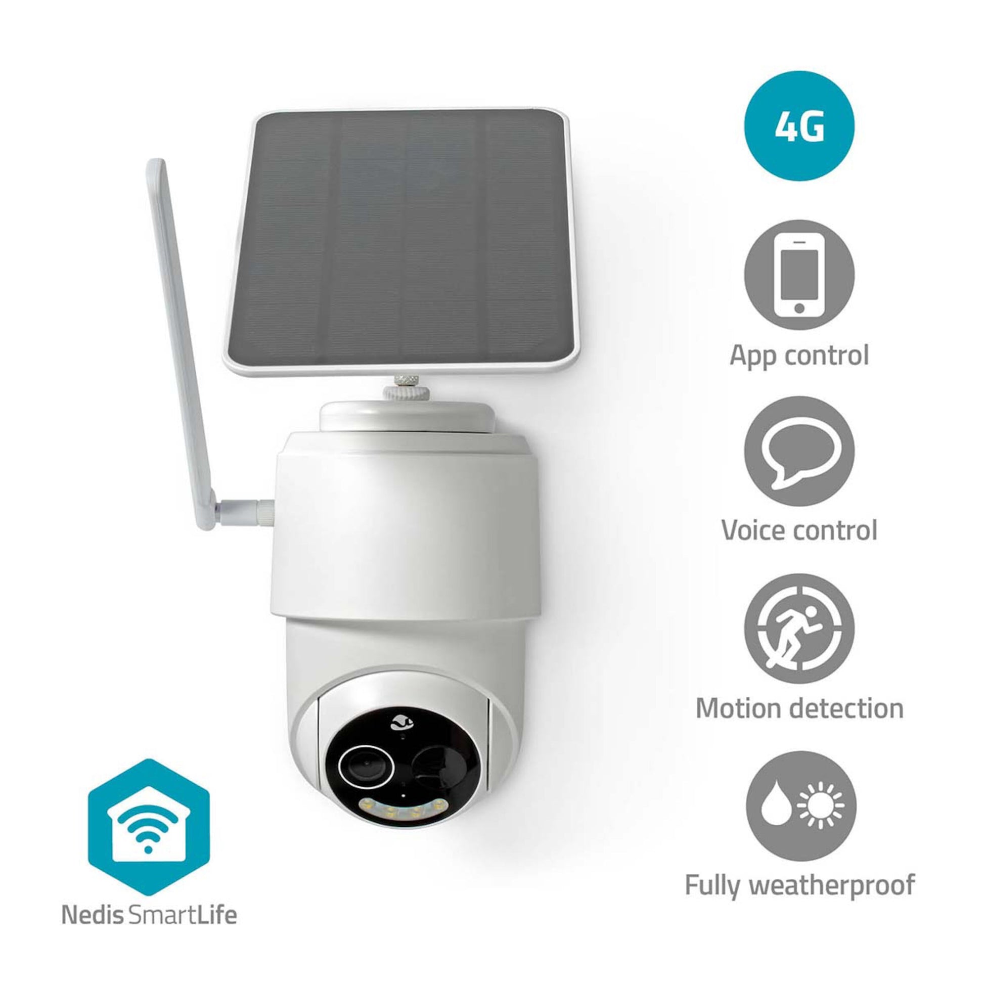 Nedis udendørskamera 4G med solceller og antenne, ikoner til Wi-Fi-fri overvågning, appstyring og vejrbestandighed, Nedis-logo.