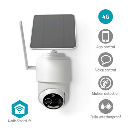 Nedis udendørskamera 4G med solceller og antenne, ikoner til Wi-Fi-fri overvågning, appstyring og vejrbestandighed, Nedis-logo.