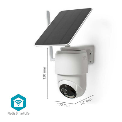 Nedis 4G udendørskamera med solceller, måler 120×100×145 mm, Nedis SmartLife-logo nederst til venstre.