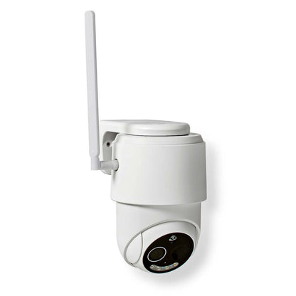 Nedis udendørskamera med 4G og solceller, hvid dome, sort linsefelt, LED-lys, opret antenne på siden.