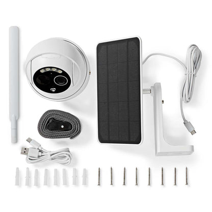 Nedis 4G udendørskamera med kuppelform, solpanel med kabel, antenne, vægbeslag, USB-kabel og monteringssæt.