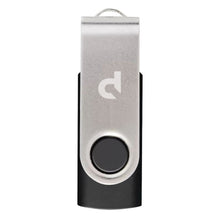 USB-nøgle 16 GB sort med sølv swivel-låg, rundt trykknap og d-logo på clip, USB 2.0.