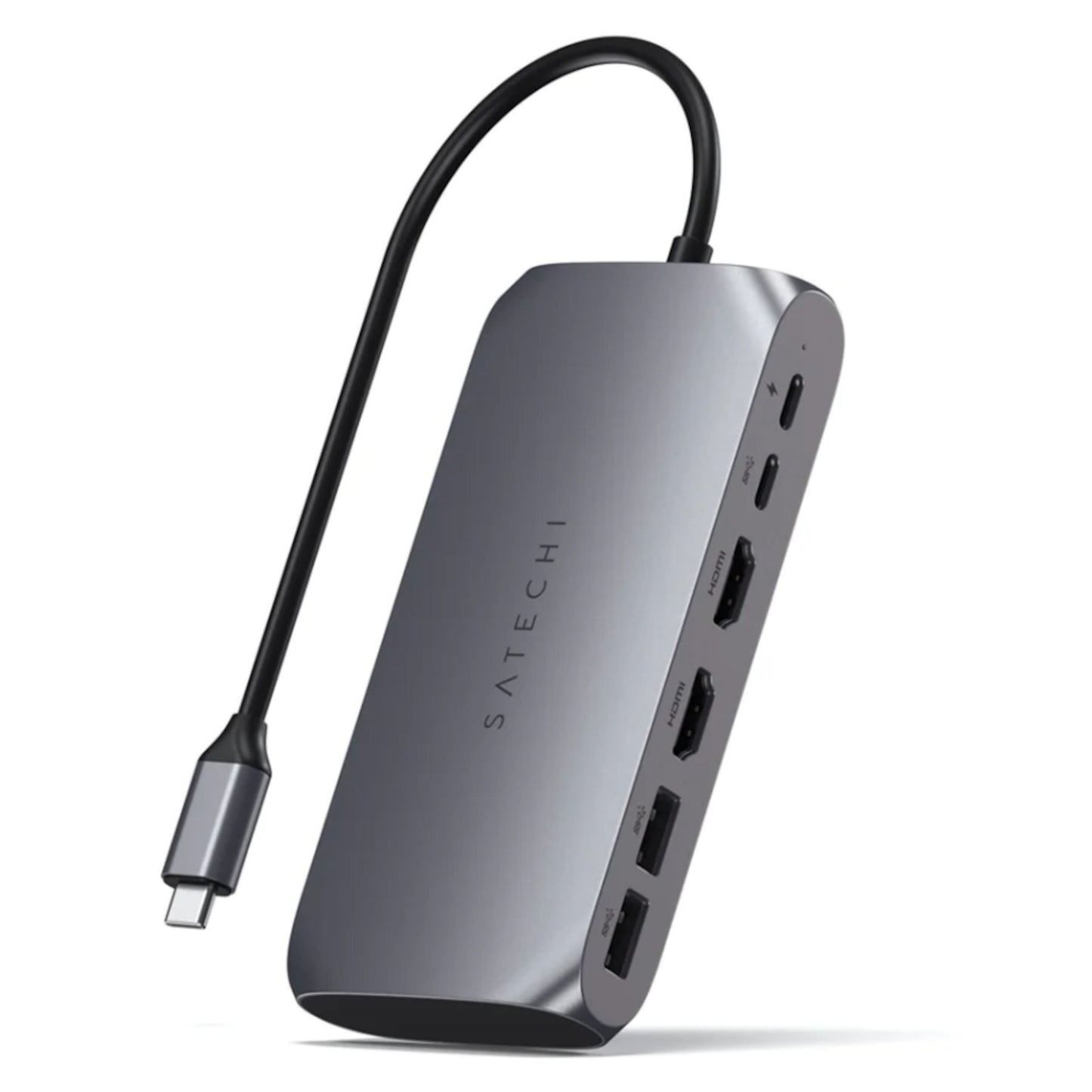 Satechi M1 USB-C Multiadapter med USB, HDMI og kortlæserporte samt kort fastmonteret USB-C kabel.