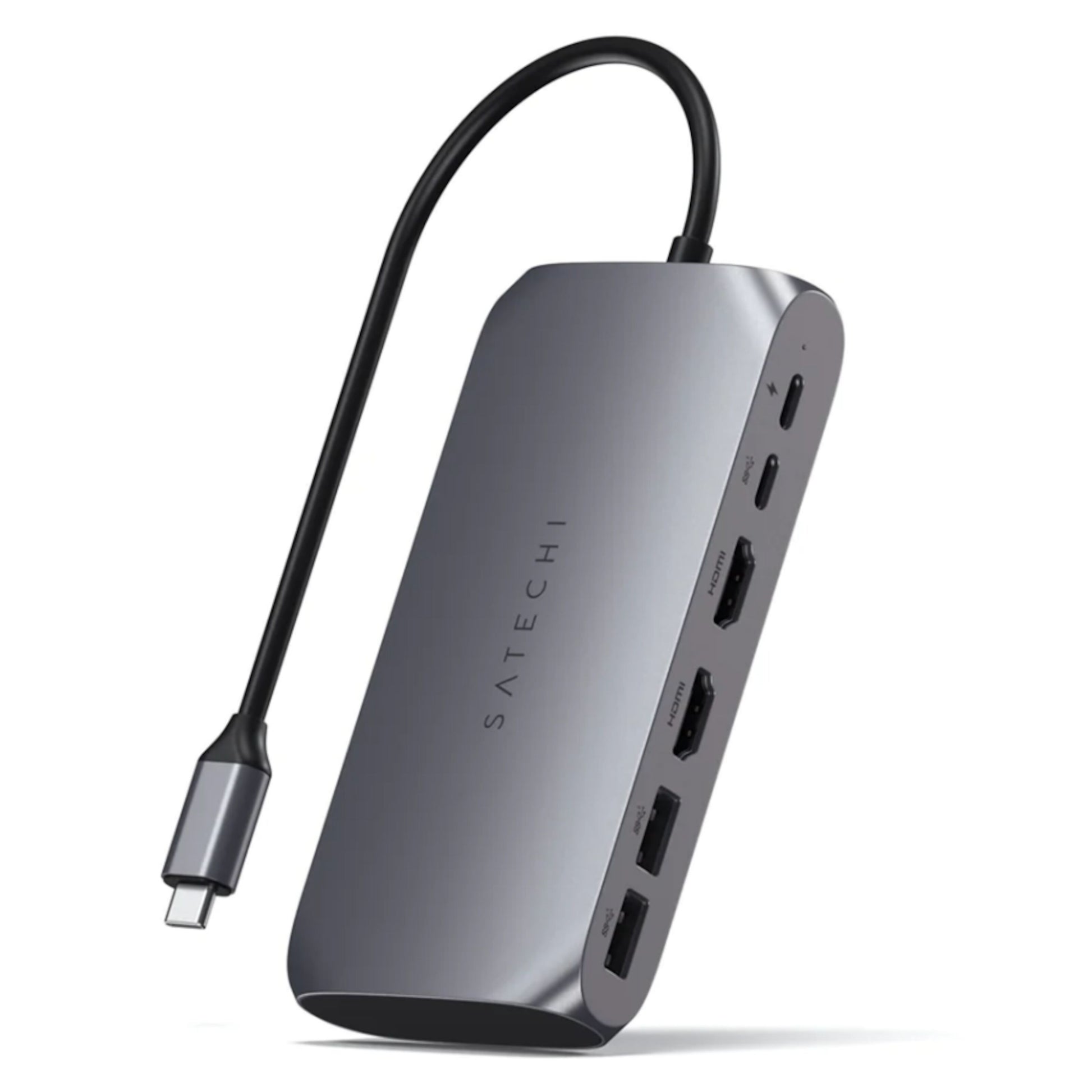 Satechi M1 USB-C Multiadapter med USB, HDMI og kortlæserporte samt kort fastmonteret USB-C kabel.