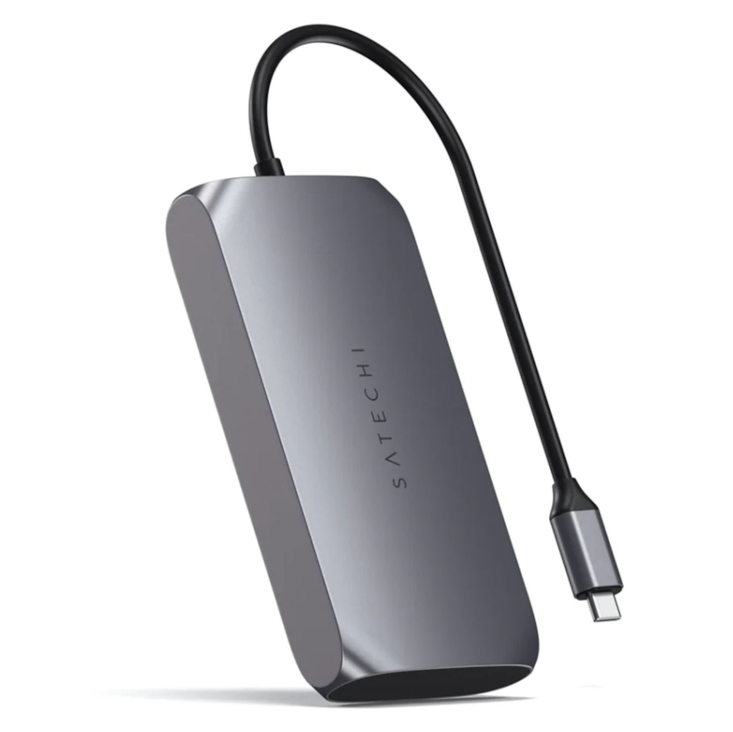 Satechi M1 USB-C Multiadapter med flere porte og fast USB-C kabel til laptop eller tablet.