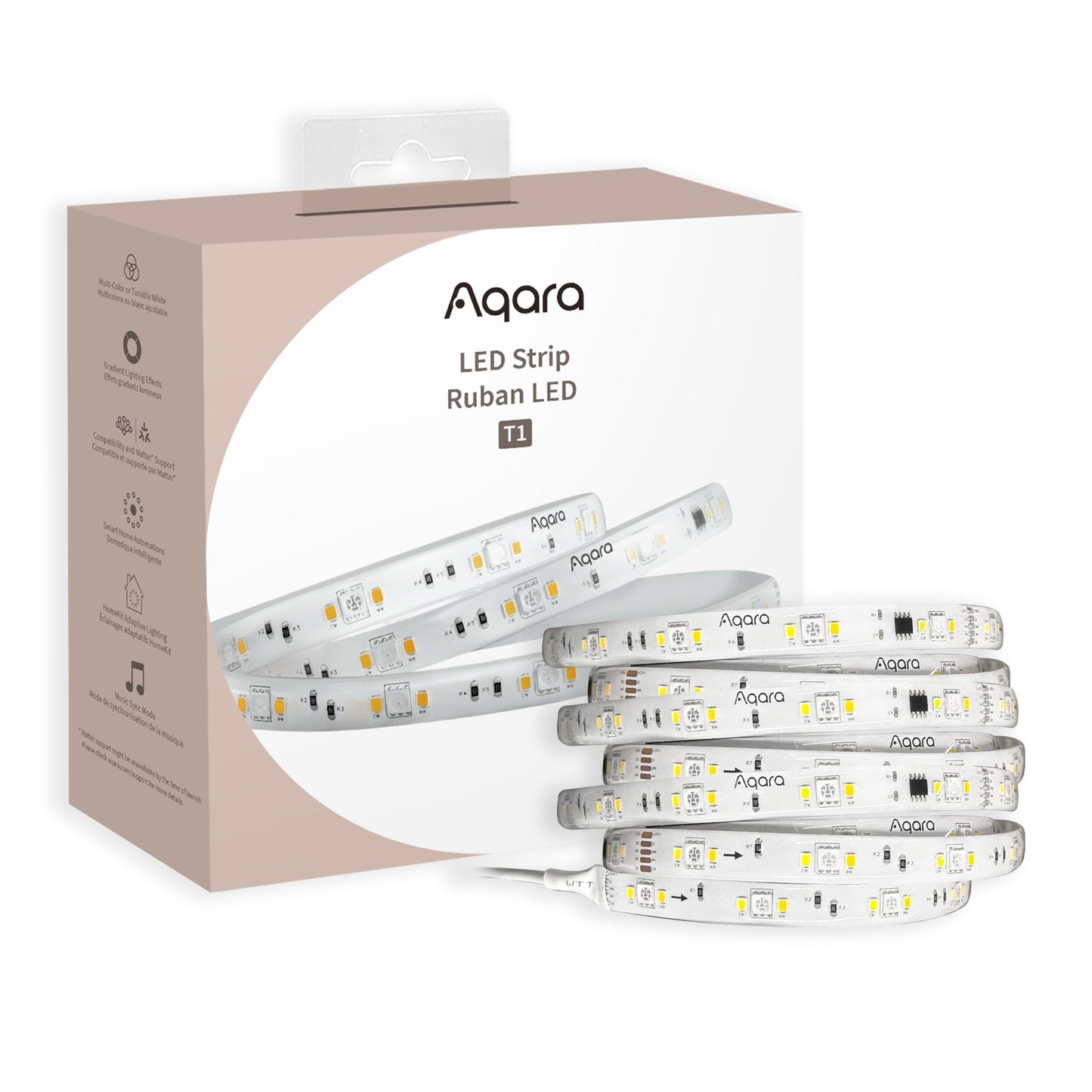Aqara LED-strips T1 2m foran æske med Apple HomeKit logo, hvid model, synlige LED-lys og enkel emballage.