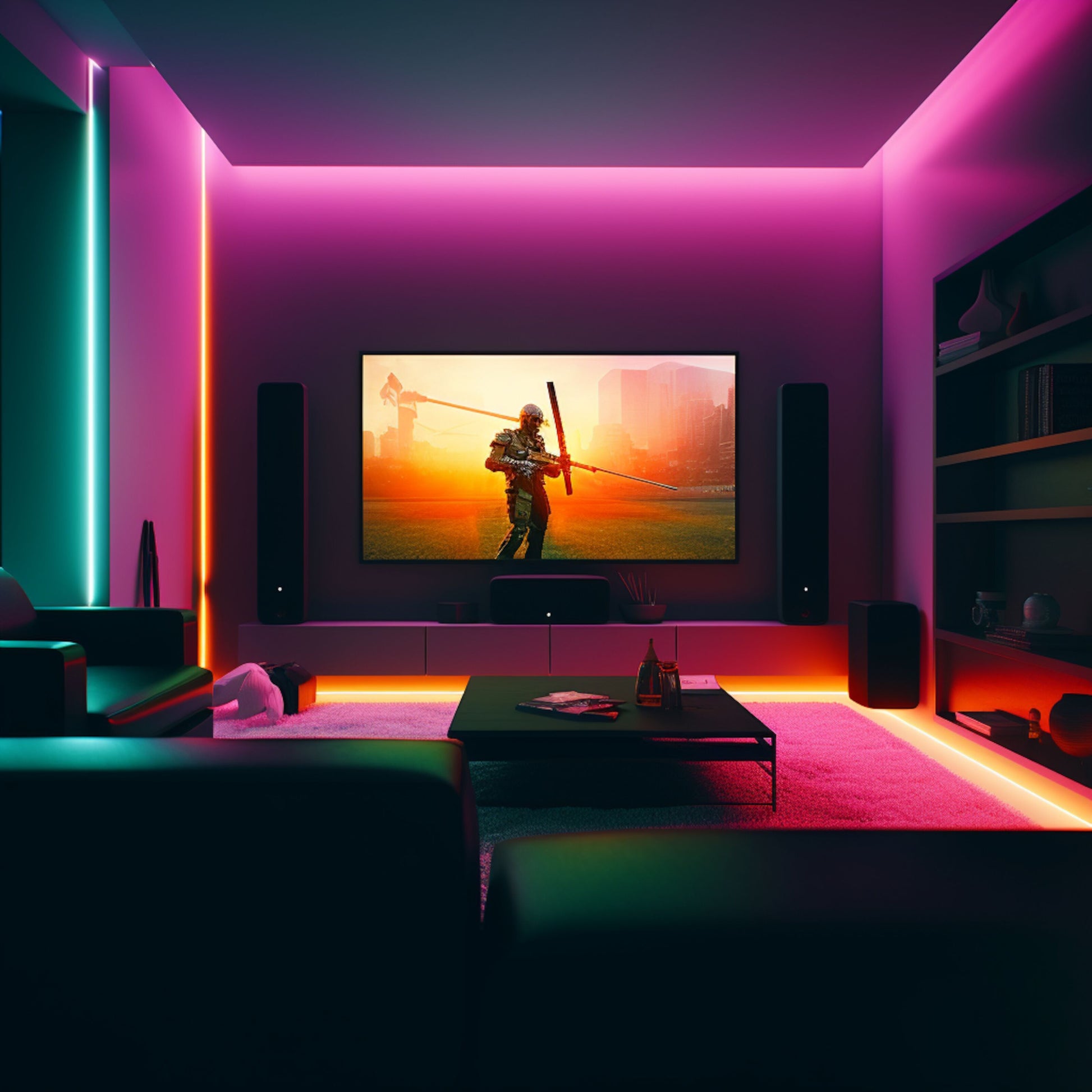 Aqara LED-strips T1 2m smart belysning, Apple HomeKit kompatibel, synlig på væg med TV og spilkonsol.
