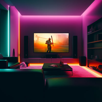 Aqara LED-strips T1 2m smart belysning, Apple HomeKit kompatibel, synlig på væg med TV og spilkonsol.