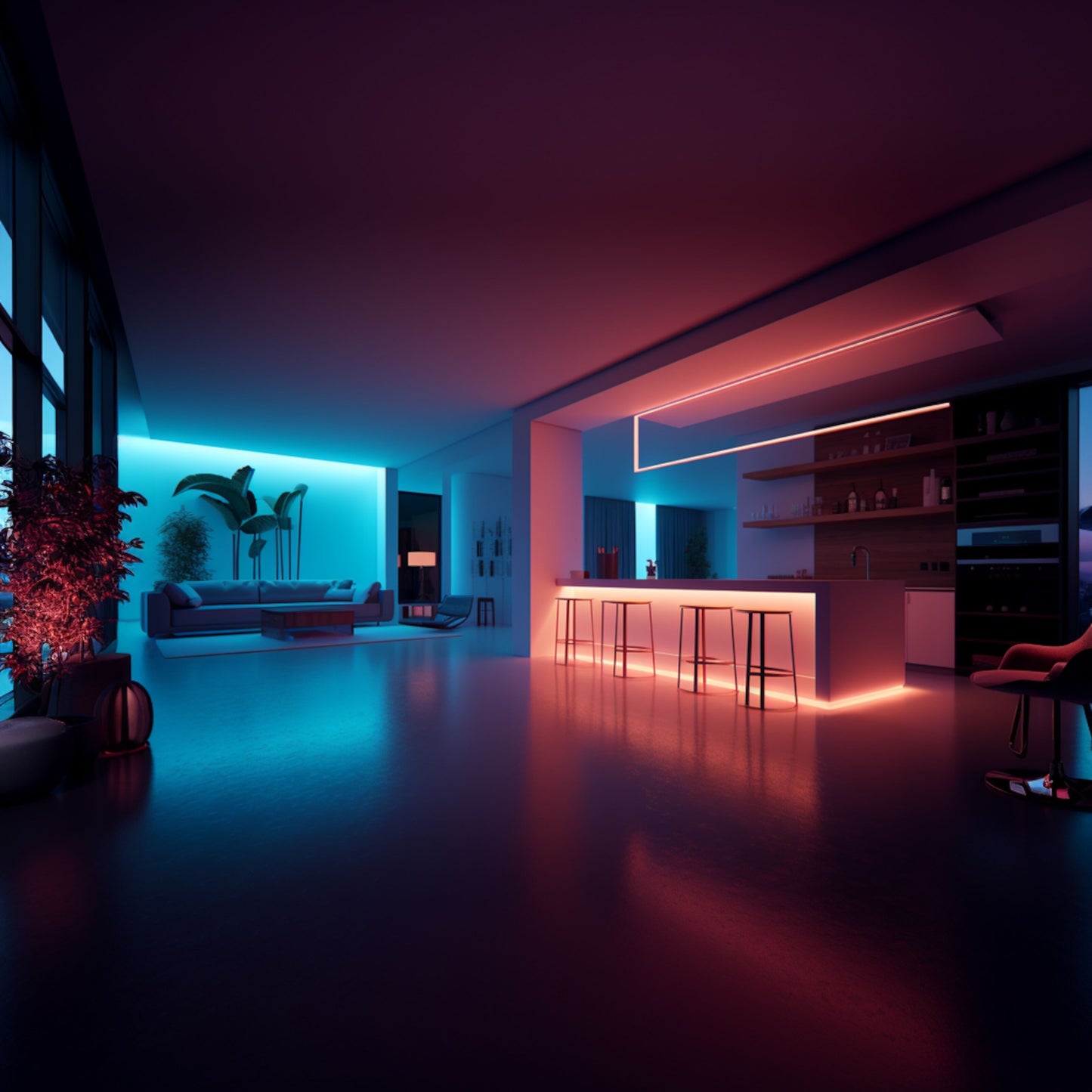 Aqara LED-strips T1 2m installeret i åben stue/køkken, viser farverig neonbelysning til smart home.