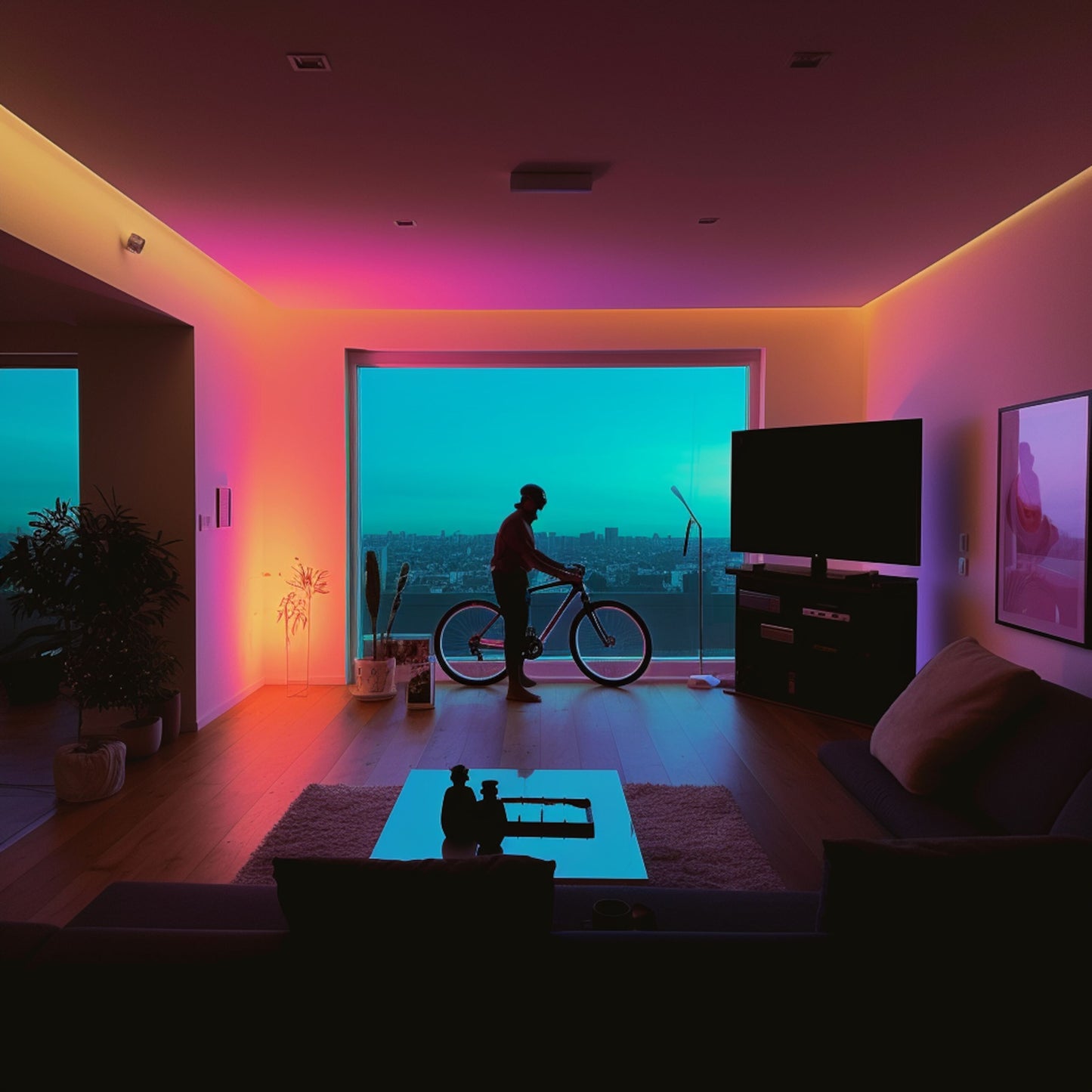 Aqara LED-strips T1 2 m i pink, gul og blå oplyser stue med stort vindue, person og cykel synlig.