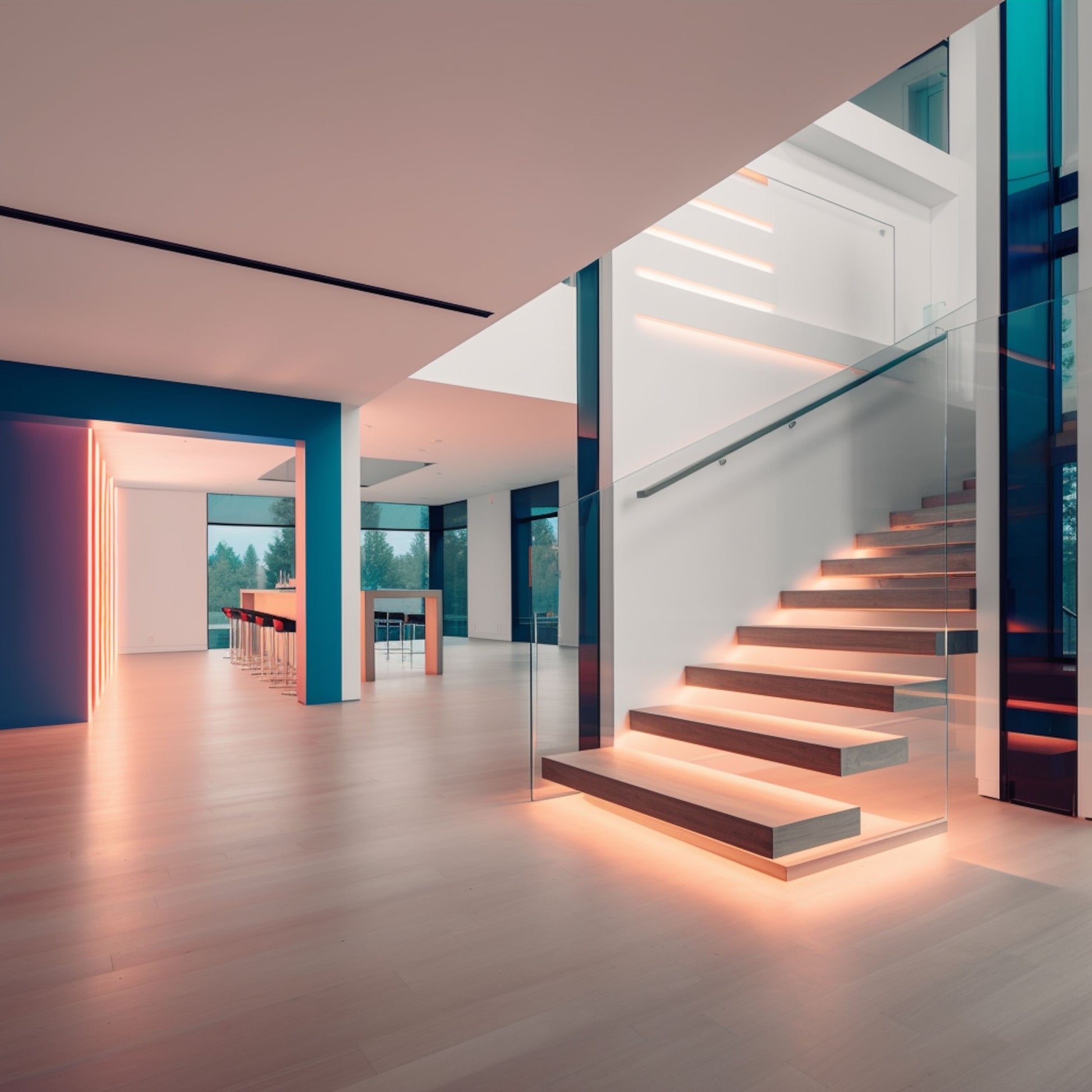 Aqara LED-strips T1 2 m til smart belysning monteret på svævende trappe med glasgelænder i moderne hjem.