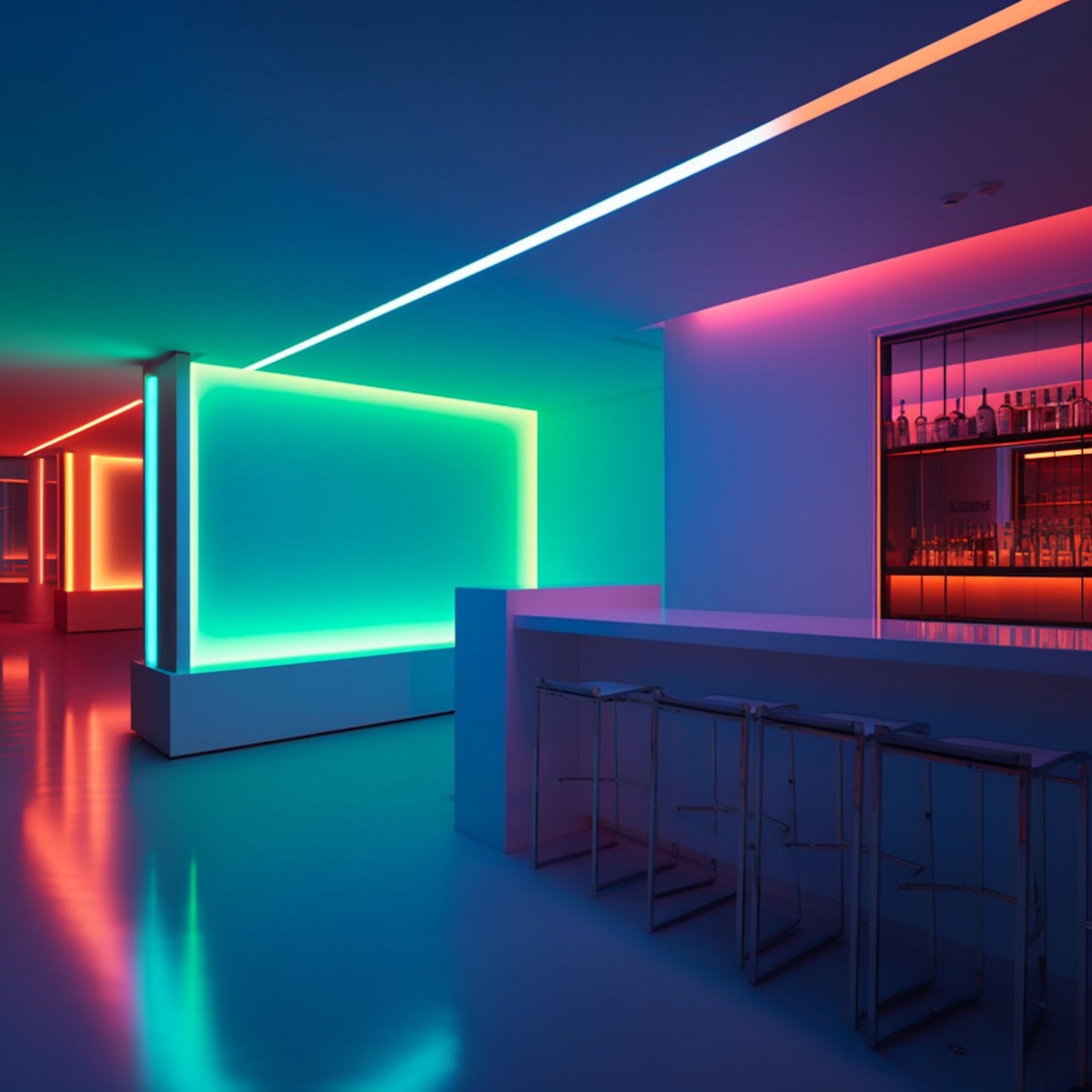Aqara LED-strips T1 2 m blå, pink og orange lys monteret på hvid bar med flasker i baggrunden.