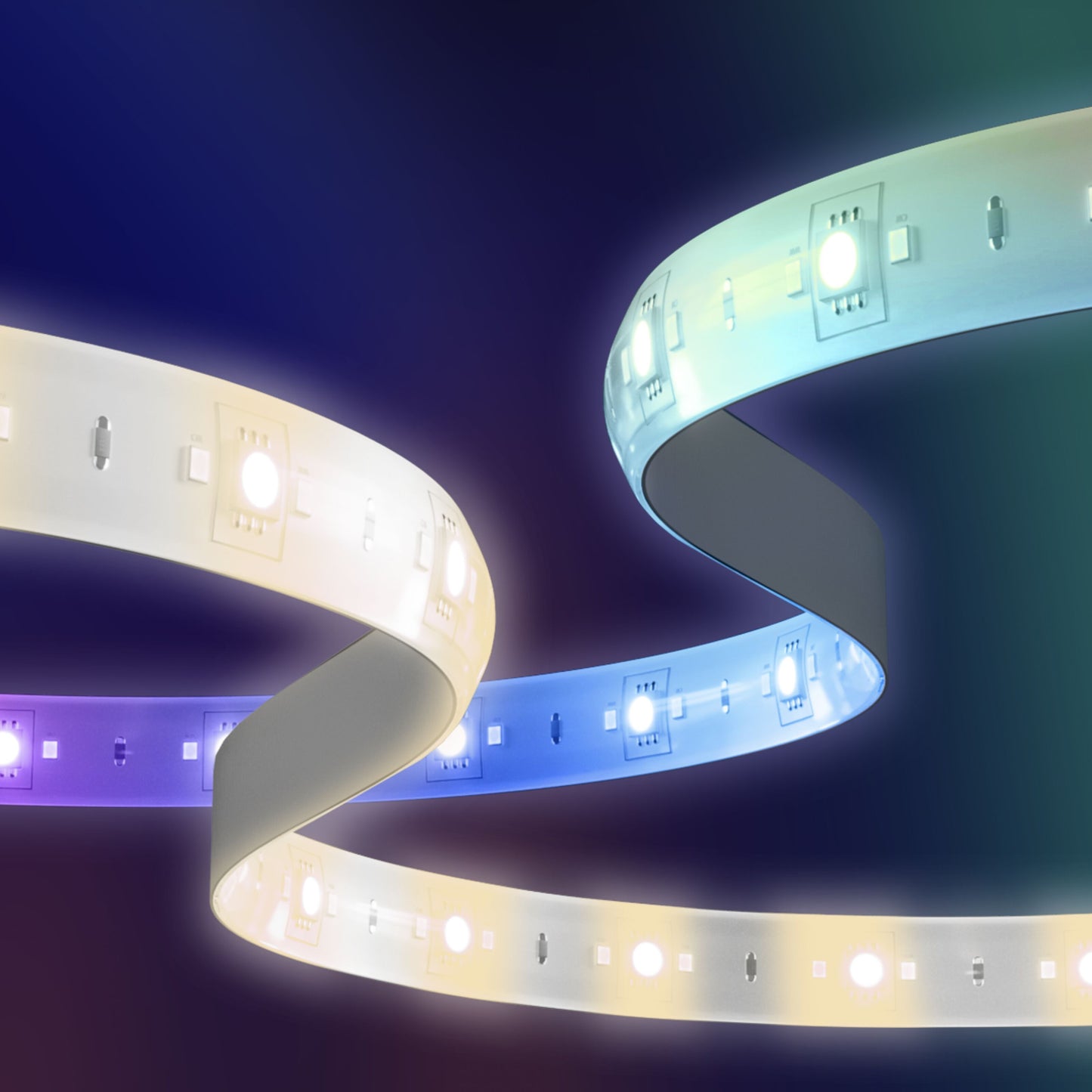 Aqara LED-strips T1 2 m, én hvid og én blå/cyan, HomeKit kompatibel, sæt tæt på mod mørk baggrund.