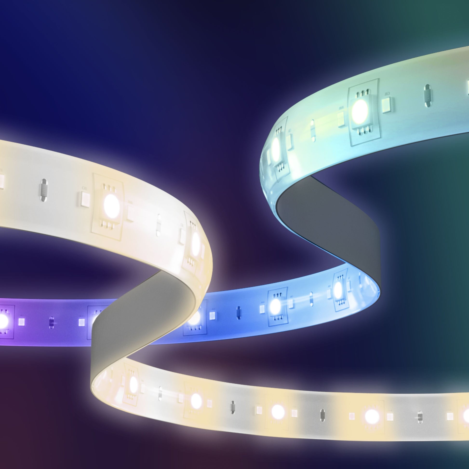 Aqara LED-strips T1 2 m, én hvid og én blå/cyan, HomeKit kompatibel, sæt tæt på mod mørk baggrund.