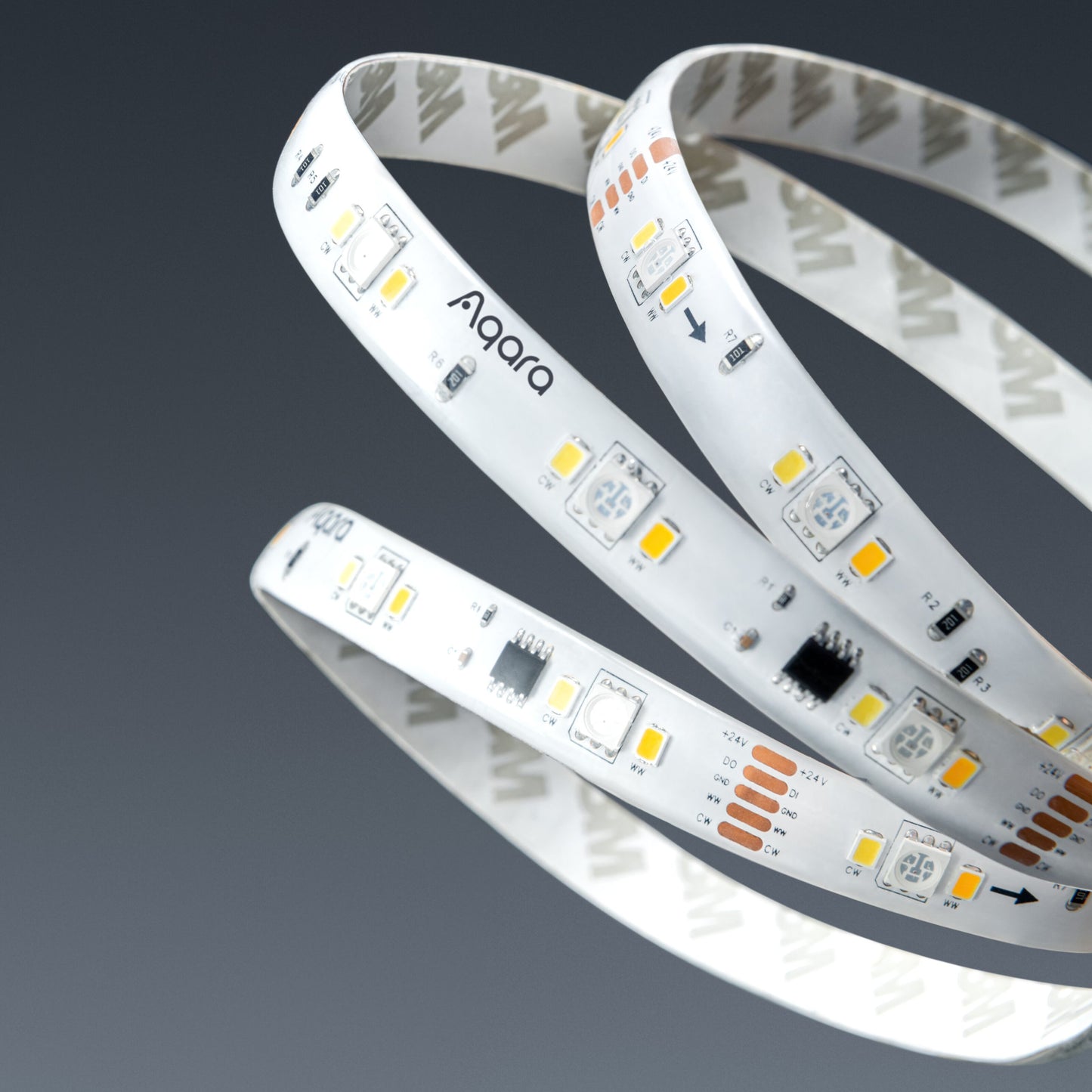 Aqara LED-strips T1 2m med synlige elektroniske komponenter, 3M klæb og Aqara-logo, kompatibel med Apple HomeKit.