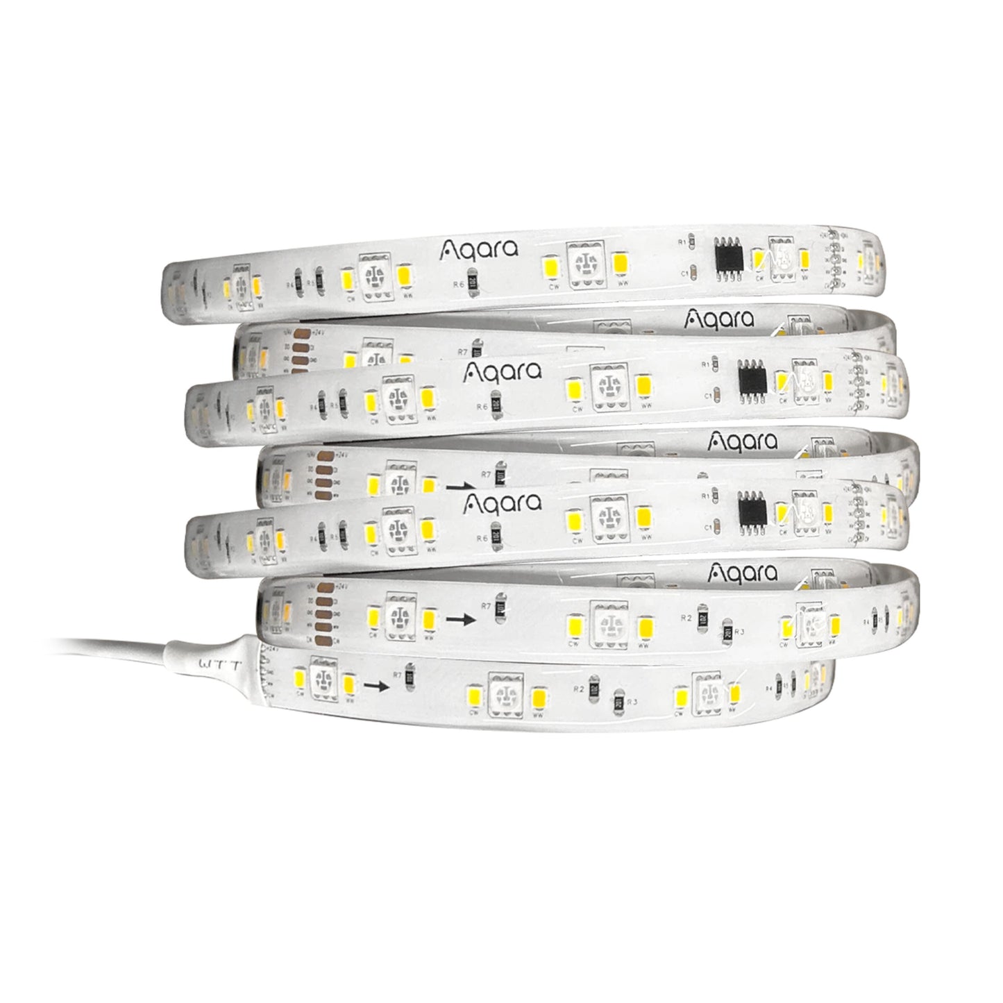 Aqara LED-strips T1 2 m med synlige kredsløbskomponenter og Aqara-logo, hvid ledning, understøtter Apple HomeKit.