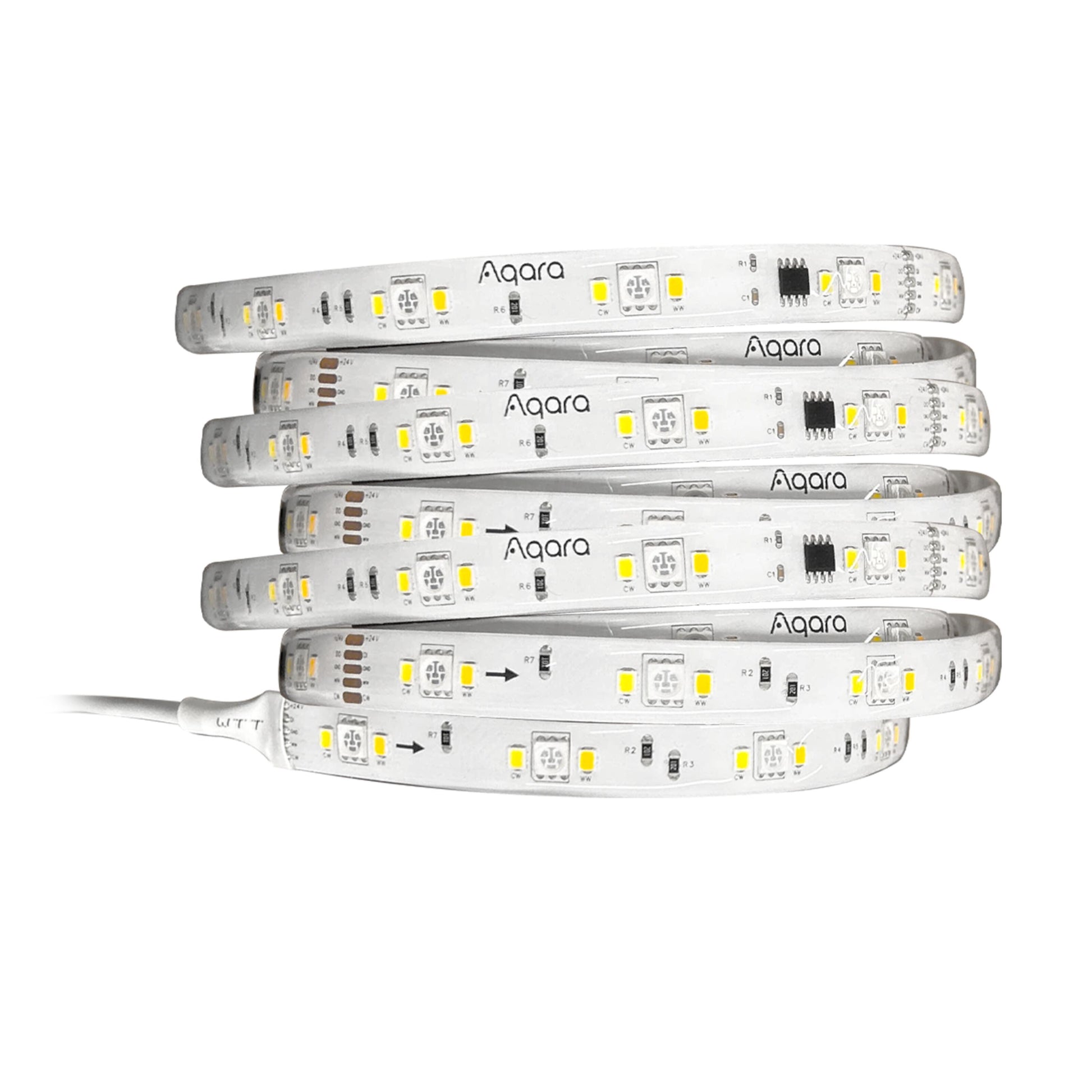 Aqara LED-strips T1 2 m med synlige kredsløbskomponenter og Aqara-logo, hvid ledning, understøtter Apple HomeKit.