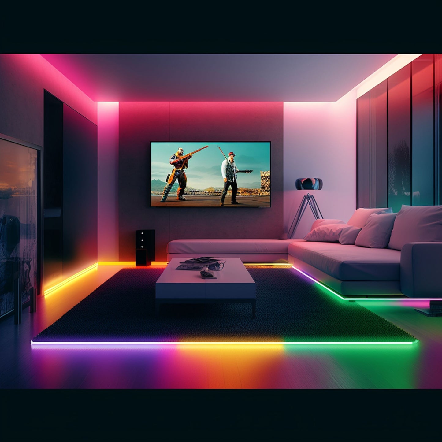 Aqara LED-strip T1 forlængelse 1 m installeret under TV bagvæg, synlig lysstribe, moderne indretning.