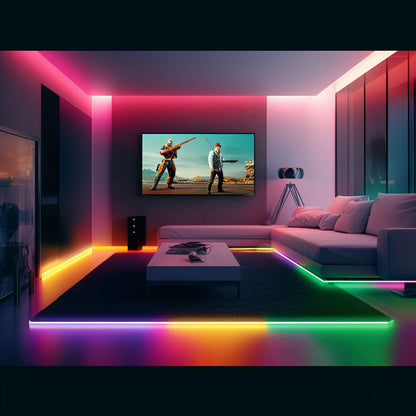 Aqara LED-strip T1 forlængelse 1 m installeret under TV bagvæg, synlig lysstribe, moderne indretning.