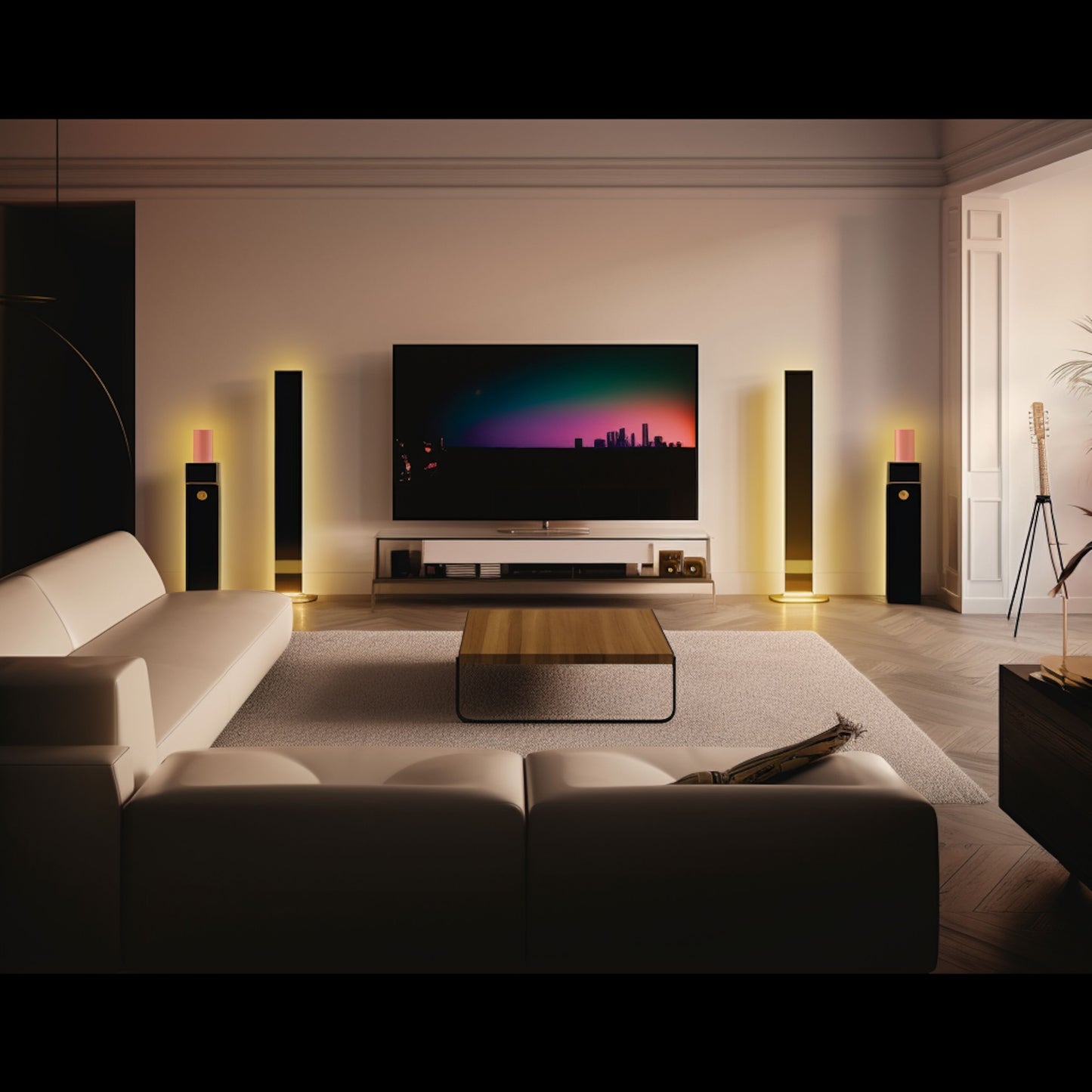 Aqara LED-strips T1 forlængelse 1 m monteret i stue med hvide sofaer og træbord, varm belysning, synlig TV-skærm.