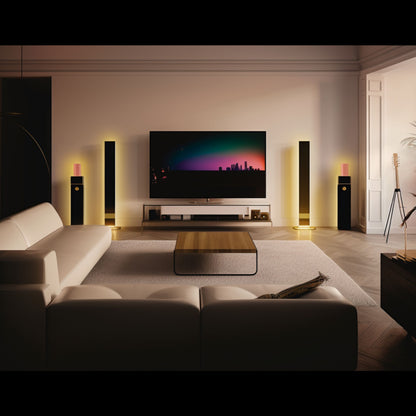 Aqara LED-strips T1 forlængelse 1 m monteret i stue med hvide sofaer og træbord, varm belysning, synlig TV-skærm.