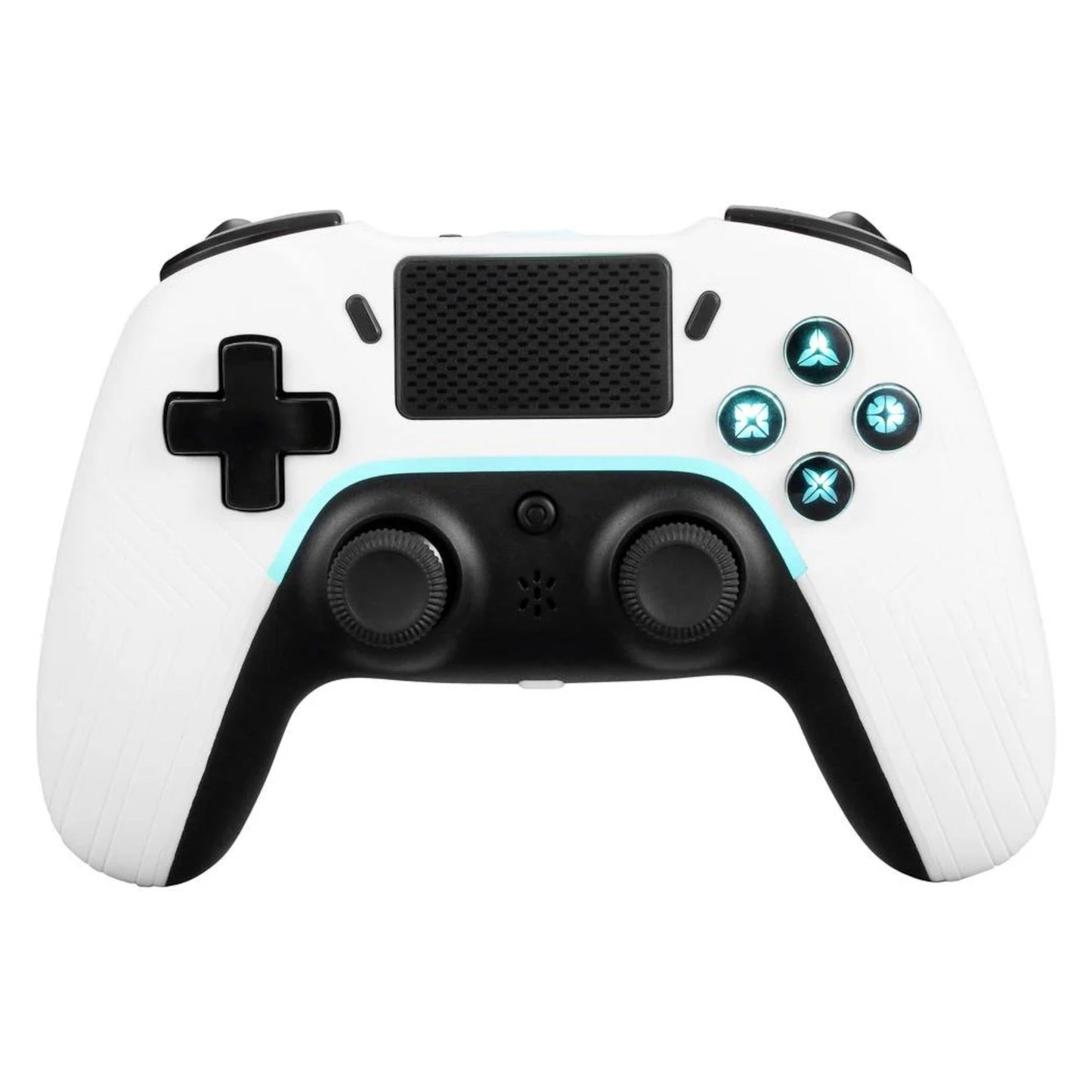 Deltaco Trådløs controller til PS4 og PC hvid, Bluetooth, touchpad, to analoge pinde, venstre D-pad, fire højre knapper.