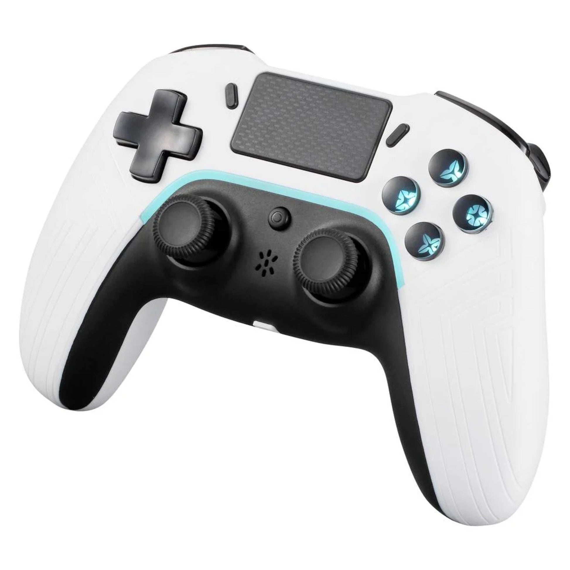 Deltaco trådløs controller til PS4/PC, hvid med to analoge pinde, D-pad, fire knapper, touchpad og Bluetooth.