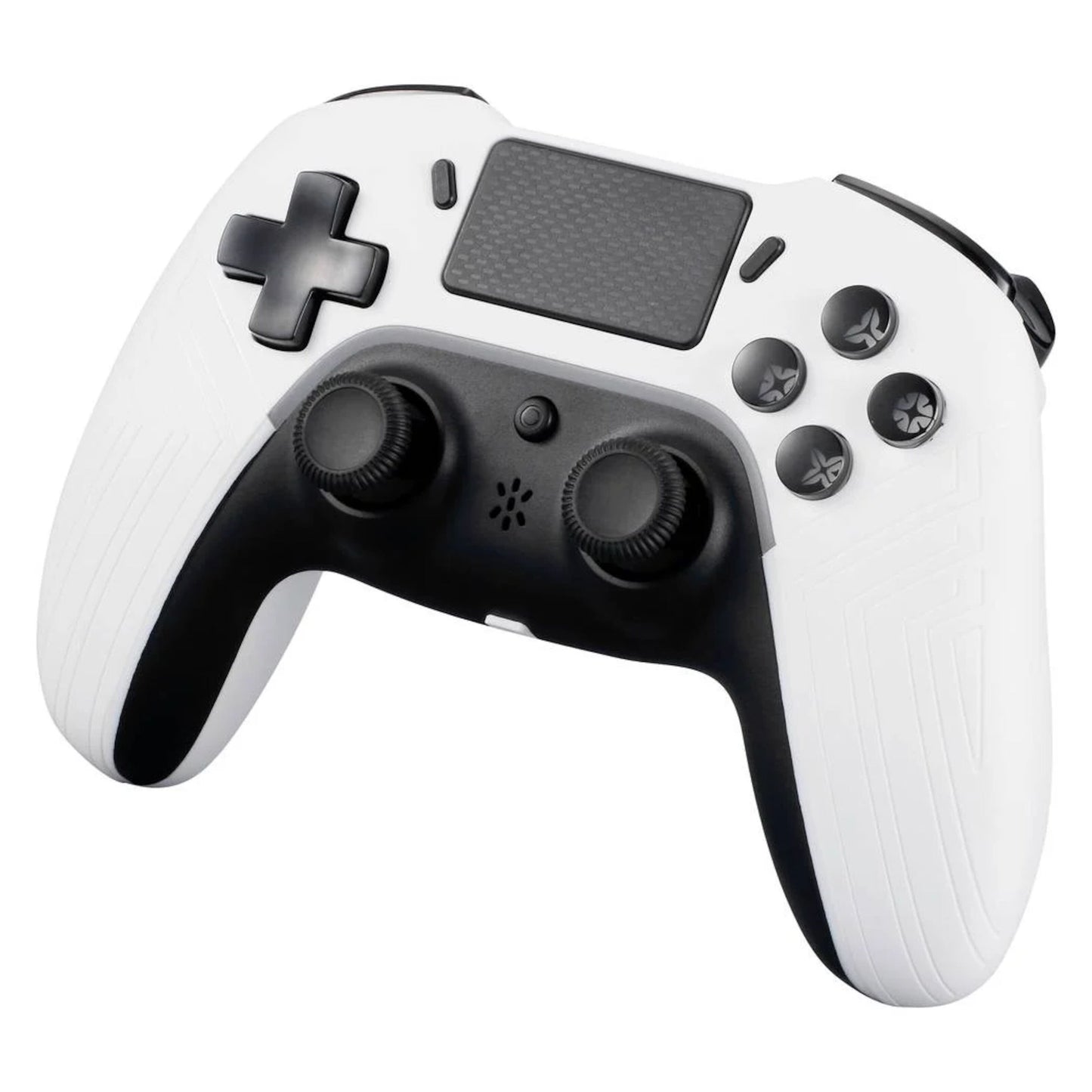 Deltaco trådløs controller til PS4 og PC hvid med dobbelte analoge pinde, D-pad, touchpad og skulderknapper.