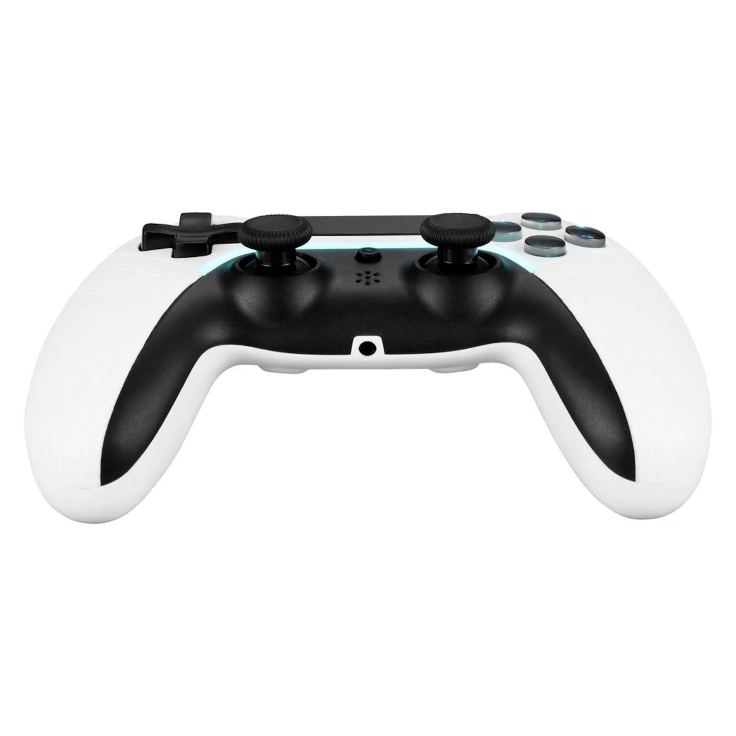 Deltaco Trådløs controller til PS4 og PC hvid/sort, Bluetooth, til analoge pinde, D-pad og action knapper forfra.
