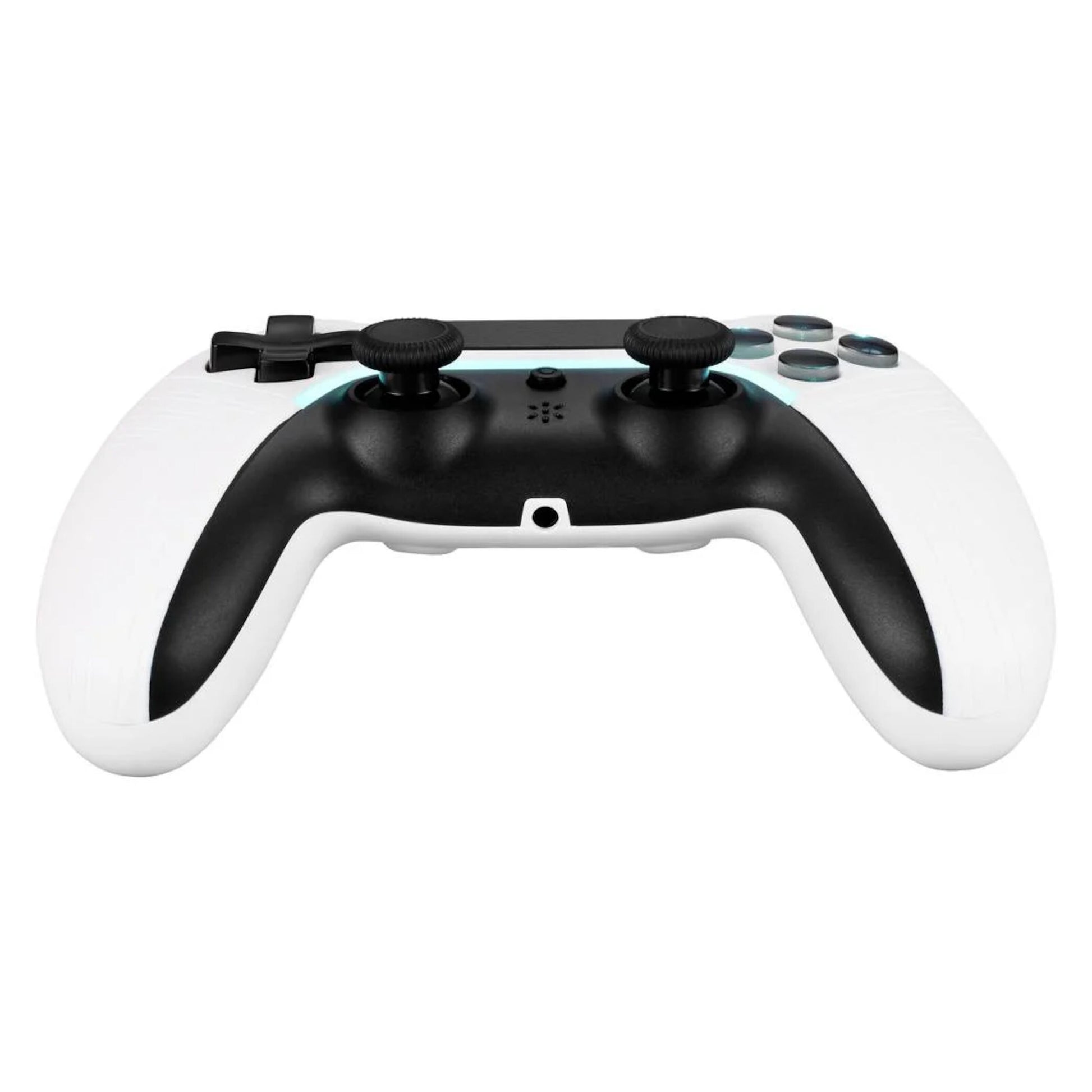 Deltaco Trådløs controller til PS4 og PC hvid/sort, Bluetooth, til analoge pinde, D-pad og action knapper forfra.