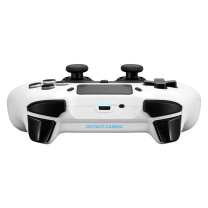 Trådløs controller til PS4 og PC, hvid, set forfra med analoge pinde, knapper, triggere og lille USB-port.