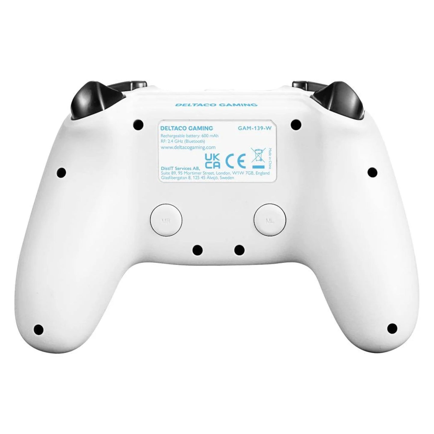 Bagfra af trådløs PS4 og PC-controller i hvid, modelinfo-label synlig, kompatibel med Playstation 4 og PC.