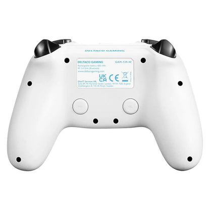 Bagfra af trådløs PS4 og PC-controller i hvid, modelinfo-label synlig, kompatibel med Playstation 4 og PC.