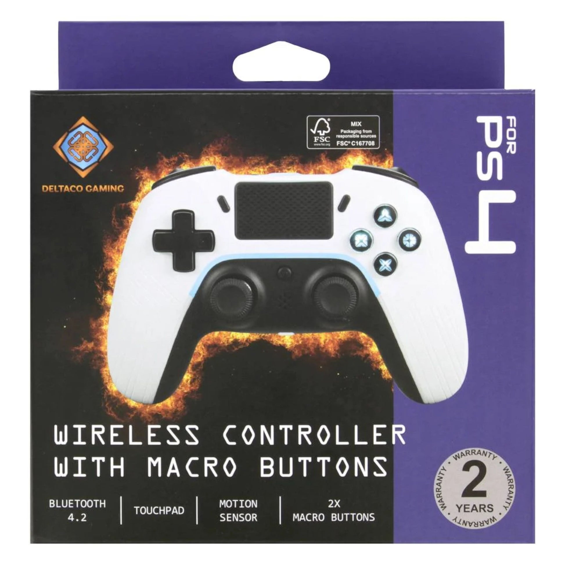 Deltaco trådløs controller til PS4/PC, hvid, Bluetooth 4.2, touchpad, bevægelsessensor, 2 makroknapper, 2 års garanti.