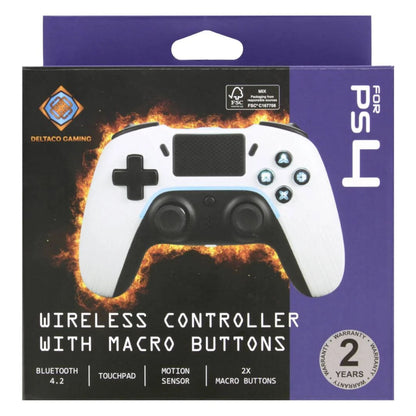 Deltaco trådløs controller til PS4/PC, hvid, Bluetooth 4.2, touchpad, bevægelsessensor, 2 makroknapper, 2 års garanti.